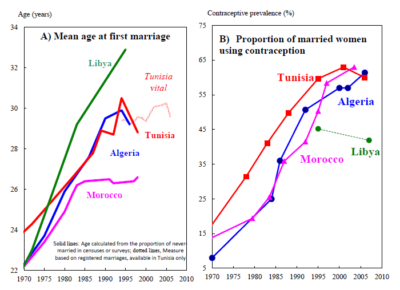 Trends in age at first marriage and contraceptive prevalence in the Maghreb Source: Zahia and Vallin, 20137